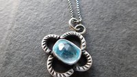 Baby Blue Rosecut Aquamarine Stone Oxidized Sterling Silver Textured Quatrefoil Pendant Necklace