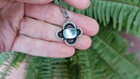 Baby Blue Rosecut Aquamarine Stone Oxidized Sterling Silver Textured Quatrefoil Pendant Necklace