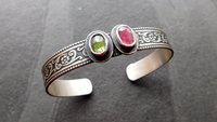 Pink Green Tourmaline Multi Stone Oxidized Sterling Silver Ornate Floral Wire Cuff Bracelet