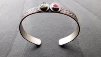 Pink Green Tourmaline Multi Stone Oxidized Sterling Silver Ornate Floral Wire Cuff Bracelet