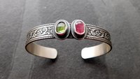 Pink Green Tourmaline Multi Stone Oxidized Sterling Silver Ornate Floral Wire Cuff Bracelet