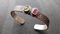 Pink Green Tourmaline Multi Stone Oxidized Sterling Silver Ornate Floral Wire Cuff Bracelet