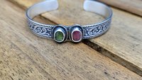 Pink Green Tourmaline Multi Stone Oxidized Sterling Silver Ornate Floral Wire Cuff Bracelet