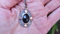 Black Spinel Rosecut Stone Textured Sterling Silver 14K Gold Mixed Metal Pendant Necklace
