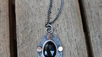 Black Spinel Rosecut Stone Textured Sterling Silver 14K Gold Mixed Metal Pendant Necklace