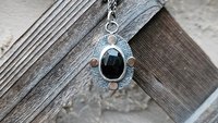 Black Spinel Rosecut Stone Textured Sterling Silver 14K Gold Mixed Metal Pendant Necklace
