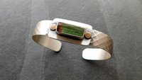 Deep Green Tourmaline Raw Mineral Oxidized Sterling Silver Diamond Patterned Cuff Bracelet