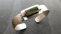 Deep Green Tourmaline Raw Mineral Oxidized Sterling Silver Diamond Patterned Cuff Bracelet
