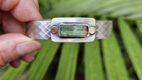 Deep Green Tourmaline Raw Mineral Oxidized Sterling Silver Diamond Patterned Cuff Bracelet