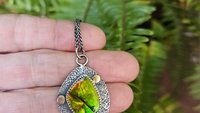Neon Green Orange Flash Ammolite Oxidized Sterling Silver 14K Gold Textured Pendant Necklace