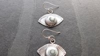 Green Ocean Jasper Eye Sterling Silver Stamped Dangle Earrings