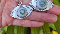 Green Ocean Jasper Eye Sterling Silver Stamped Dangle Earrings