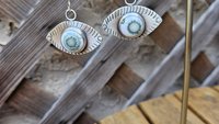 Green Ocean Jasper Eye Sterling Silver Stamped Dangle Earrings