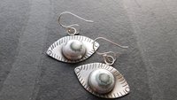 Green Ocean Jasper Eye Sterling Silver Stamped Dangle Earrings