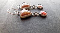 Rust Red Gold Petrified Fern Stones Garnet Dangles Oxidized Sterling Silver Earrings