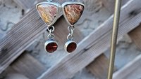 Rust Red Gold Petrified Fern Stones Garnet Dangles Oxidized Sterling Silver Earrings