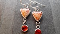 Rust Red Gold Petrified Fern Stones Garnet Dangles Oxidized Sterling Silver Earrings