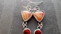 Rust Red Gold Petrified Fern Stones Garnet Dangles Oxidized Sterling Silver Earrings