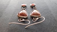 Rust Red Gold Petrified Fern Stones Garnet Dangles Oxidized Sterling Silver Earrings