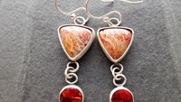 Rust Red Gold Petrified Fern Stones Garnet Dangles Oxidized Sterling Silver Earrings