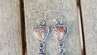 Rust Red Gold Petrified Fern Stones Garnet Dangles Oxidized Sterling Silver Earrings