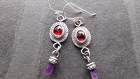 Deep Red Rosecut Garnet Tiny Amethyst Quartz Crystal Point Stamped Sterling Silver Multi Stone Dangle Earrings