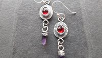 Deep Red Rosecut Garnet Tiny Amethyst Quartz Crystal Point Stamped Sterling Silver Multi Stone Dangle Earrings