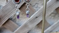 Deep Red Rosecut Garnet Tiny Amethyst Quartz Crystal Point Stamped Sterling Silver Multi Stone Dangle Earrings
