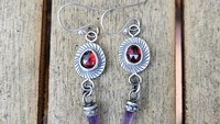 Deep Red Rosecut Garnet Tiny Amethyst Quartz Crystal Point Stamped Sterling Silver Multi Stone Dangle Earrings