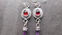 Deep Red Rosecut Garnet Tiny Amethyst Quartz Crystal Point Stamped Sterling Silver Multi Stone Dangle Earrings
