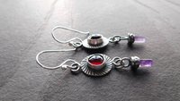Deep Red Rosecut Garnet Tiny Amethyst Quartz Crystal Point Stamped Sterling Silver Multi Stone Dangle Earrings