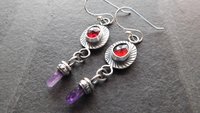 Deep Red Rosecut Garnet Tiny Amethyst Quartz Crystal Point Stamped Sterling Silver Multi Stone Dangle Earrings