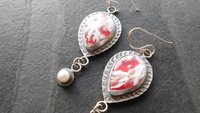 Red White Feather Plume Agate Doublet Freshwater Pearl Dangle Stamped Sterling Silver Earrings