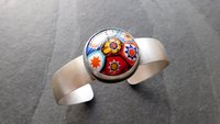 Primary Colors Vintage Millefiori Glass Oxidized Brushed Sterling Silver Cuff Bracelet