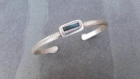 Deep Teal Indicolite Tourmaline Raw Crystal Textured Line Sterling Silver Skinny Stacking Cuff Bracelet
