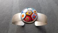 Primary Colors Vintage Millefiori Glass Oxidized Brushed Sterling Silver Cuff Bracelet