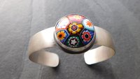 Primary Colors Vintage Millefiori Glass Oxidized Brushed Sterling Silver Cuff Bracelet