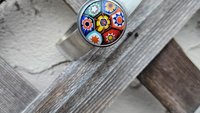 Primary Colors Vintage Millefiori Glass Oxidized Brushed Sterling Silver Cuff Bracelet