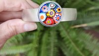 Primary Colors Vintage Millefiori Glass Oxidized Brushed Sterling Silver Cuff Bracelet