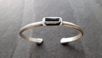 Deep Teal Indicolite Tourmaline Raw Crystal Textured Line Sterling Silver Skinny Stacking Cuff Bracelet