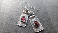 Deep Fuchsia Pink Tourmaline Slice Textured Sterling Silver Hinged Lightweight Everyday Dangle Earrings