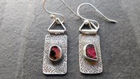 Deep Fuchsia Pink Tourmaline Slice Textured Sterling Silver Hinged Lightweight Everyday Dangle Earrings