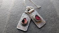 Deep Fuchsia Pink Tourmaline Slice Textured Sterling Silver Hinged Lightweight Everyday Dangle Earrings