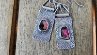 Deep Fuchsia Pink Tourmaline Slice Textured Sterling Silver Hinged Lightweight Everyday Dangle Earrings