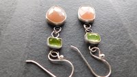 Peach Moonstone Lime Green Tourmaline Oxidized Sterling Silver Mismatched Dangle Earrings
