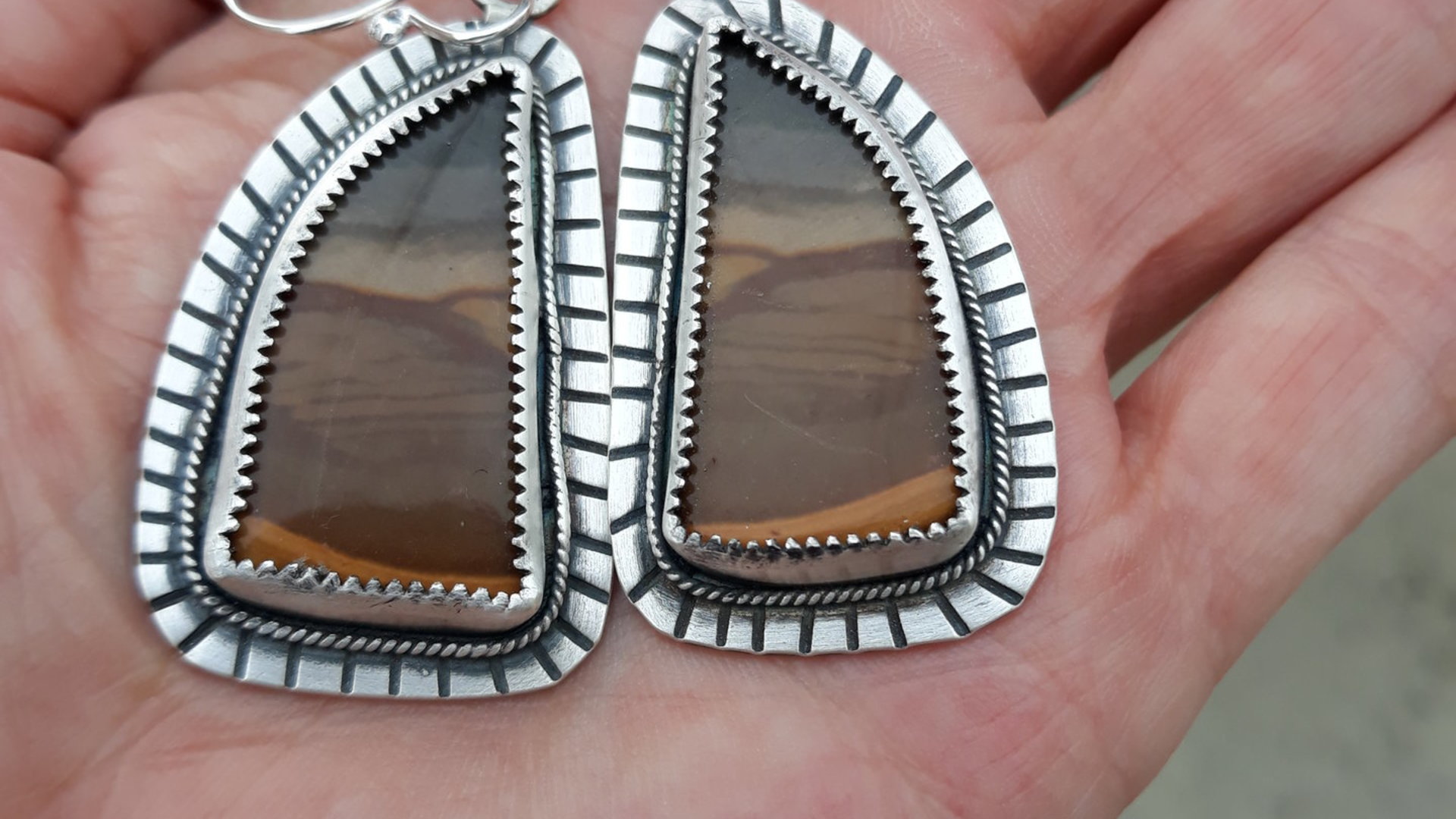 Polychrome Jasper Landscape Stone Oxidized Sterling Silver Mod Southwest Dangle Earrings