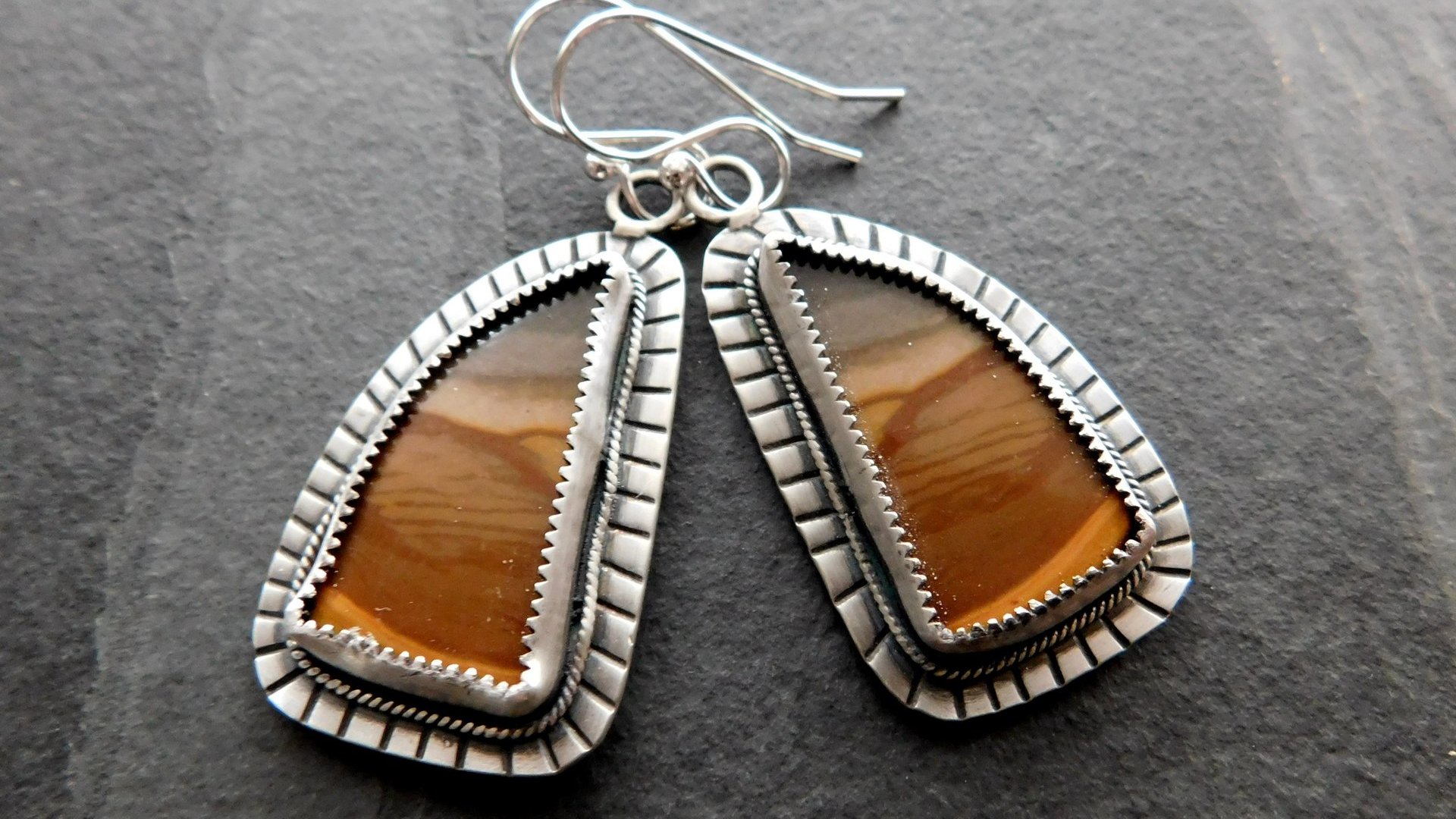 Polychrome Jasper Landscape Stone Oxidized Sterling Silver Mod Southwest Dangle Earrings