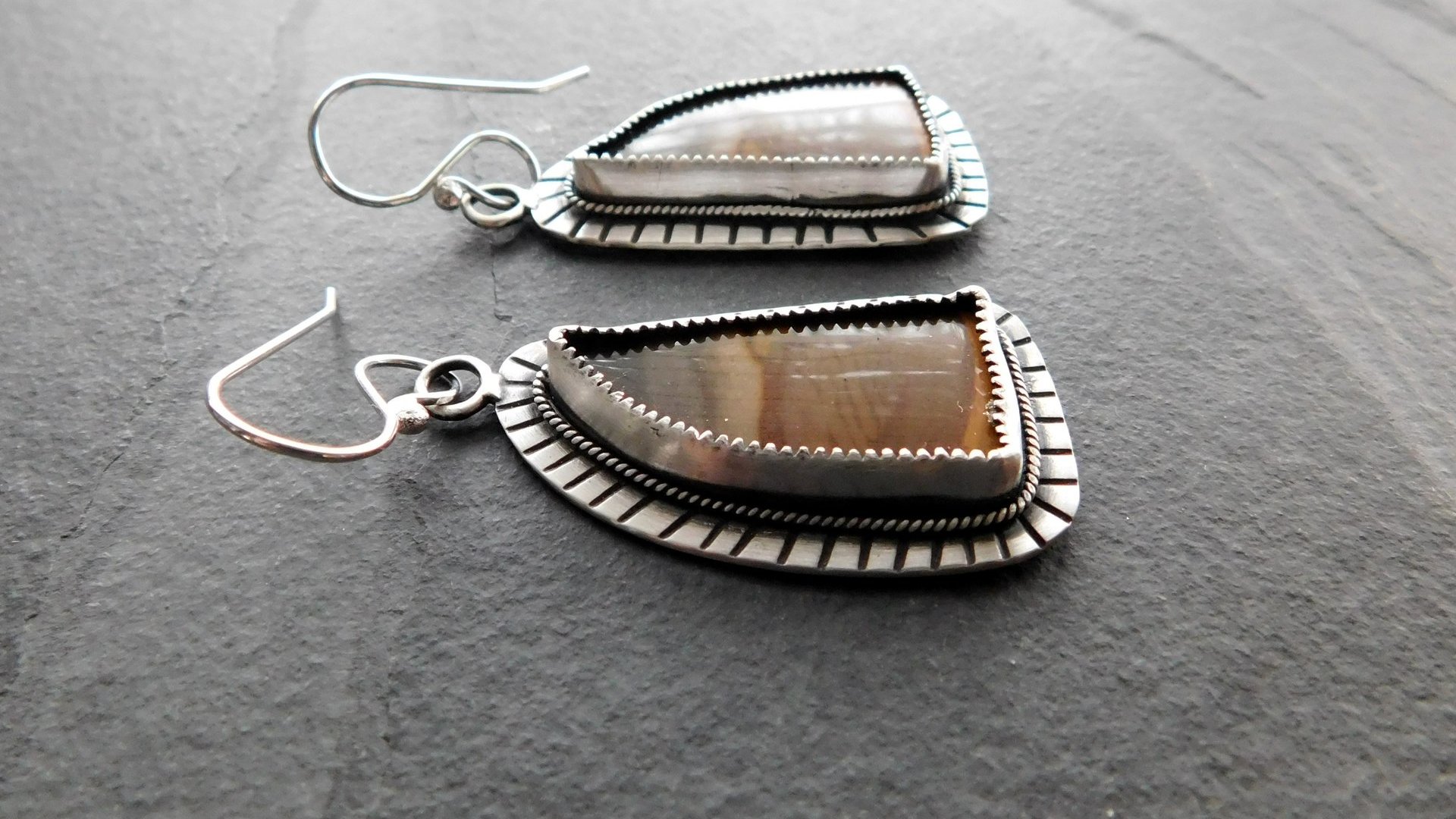 Polychrome Jasper Landscape Stone Oxidized Sterling Silver Mod Southwest Dangle Earrings
