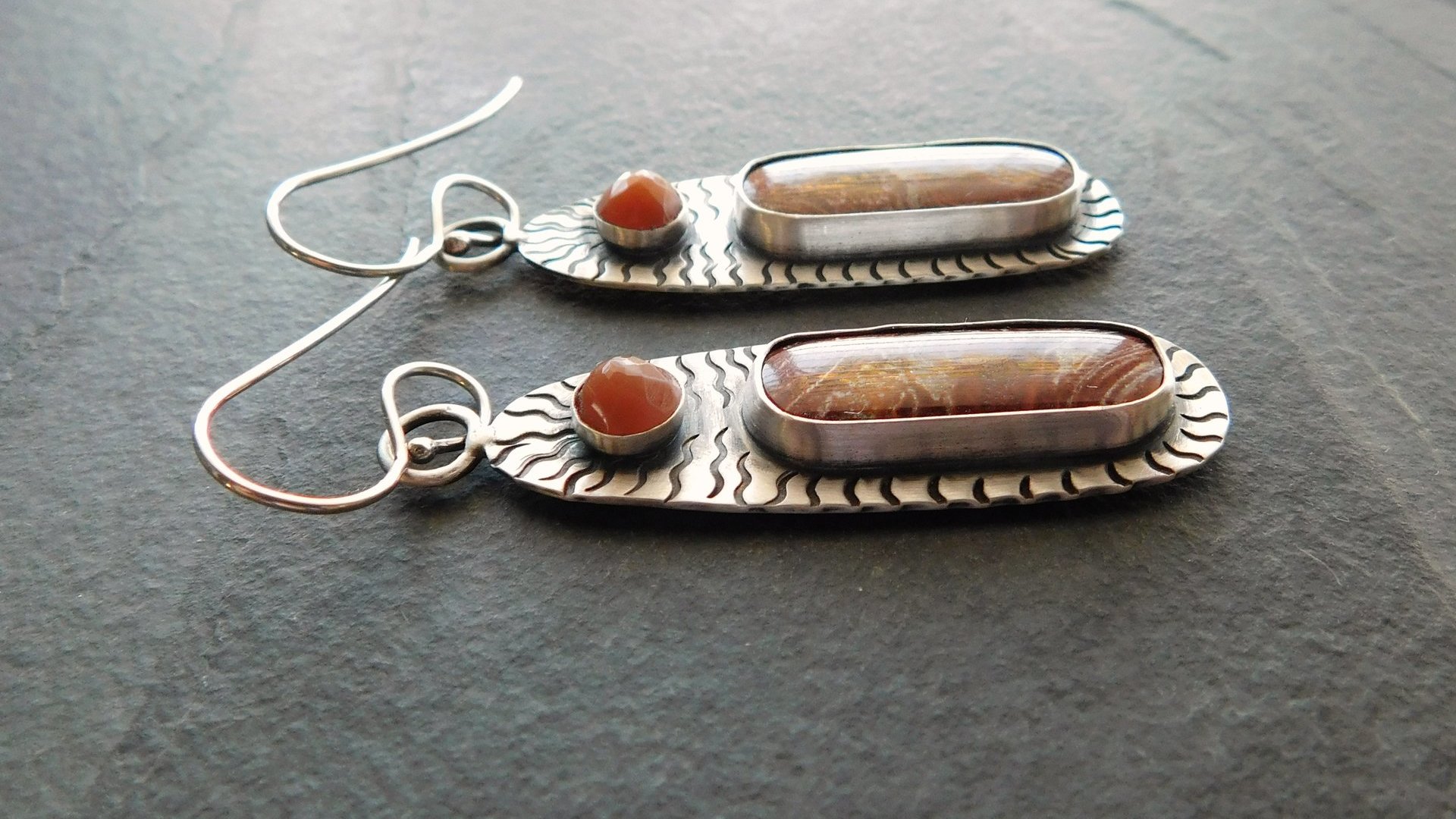 Rust Red Brown Ribbon Jasper Brown Moonstone Oxidized Sterling Silver Hand Stamped Dangle Earrings
