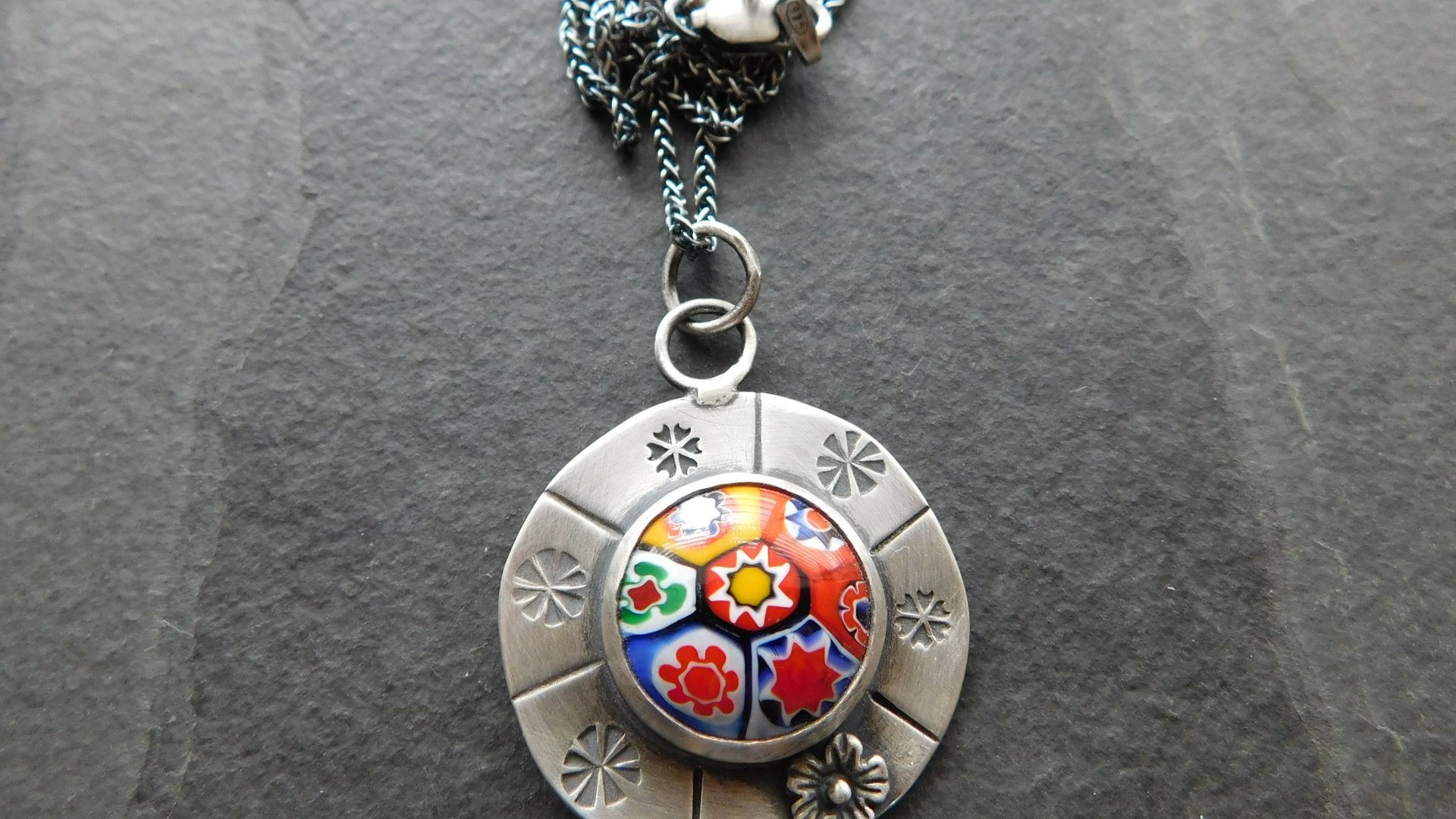 Vintage Millefiori Primary Colors Glass Button Sterling Silver Hand Stamped Floral Pendant Necklace
